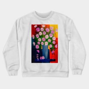 Mixed flowers in blue and silver vase on a colorful tiles background Crewneck Sweatshirt